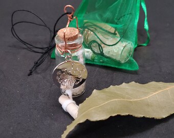 May include: A small glass bottle with a cork top and copper wire detail, a silver dandelion charm, and a green mesh bag. A dried bay leaf and a small scroll are also present. The items are arranged on a dark surface.