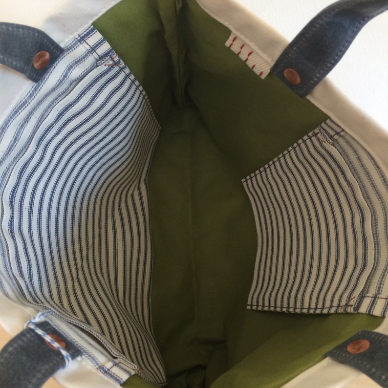 The Submarine Ticking stripe with waxed canvas shoulder tote bag with lots of pockets