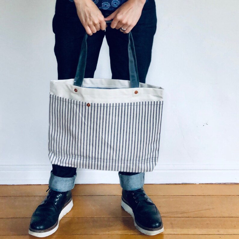 The Submarine Ticking stripe with waxed canvas shoulder tote bag with lots of pockets