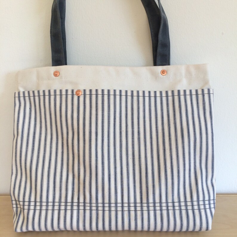 The Submarine Ticking stripe with waxed canvas shoulder tote bag with lots of pockets