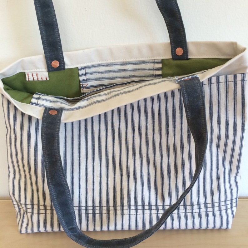 The Submarine Ticking stripe with waxed canvas shoulder tote bag with lots of pockets