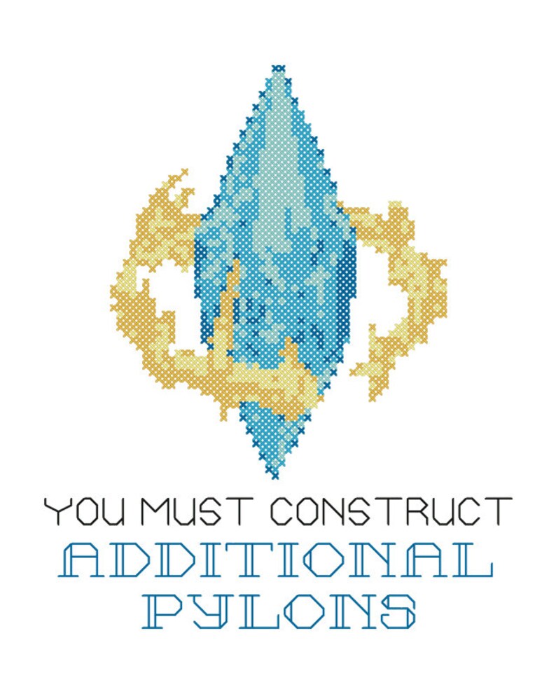 May include: A blue and yellow pixelated image of a crystal with the text "You must construct additional pylons".