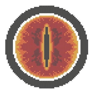 May include: A circular, pixelated design of a red and orange eye with a black pupil and a black border.