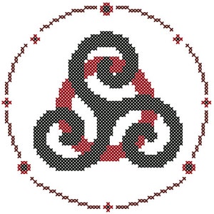 May include: A black and red cross stitch design of a triple spiral symbol, surrounded by a circle of red crosses.