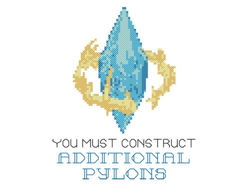May include: A blue and yellow pixelated image of a pylon with the text "You must construct additional pylons".