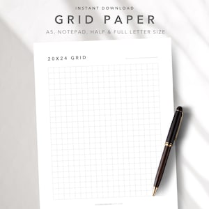 May include: A white grid paper with a 20x24 grid, a black and gold pen, and the text "GRID PAPER". The paper is available in A5, notepad, and half & full letter sizes. The words "INSTANT DOWNLOAD" are at the top.