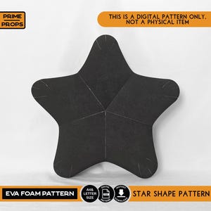 May include: A black star-shaped EVA foam pattern with white line details. The image includes the text PRIME PROPS, THIS IS A DIGITAL PATTERN ONLY, NOT A PHYSICAL ITEM, EVA FOAM PATTERN, A4 LETTER SIZE, DIGITAL PATTERN, INSTANT DOWNLOAD, STAR SHAPE PATTERN.