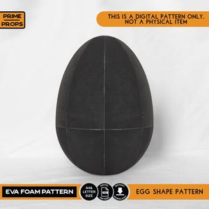 Könnte beinhalten: Ein digitales Eiform-Schnittmuster für EVA-Schaumstoff, das ein schwarzes Ei mit Gitterlinien zeigt. Der Text umfasst PRIME PROPS, THIS IS A DIGITAL PATTERN ONLY. NOT A PHYSICAL ITEM, EVA FOAM PATTERN, A4 & LETTER SIZE, DIGITAL PATTERN, INSTANT DOWNLOAD.