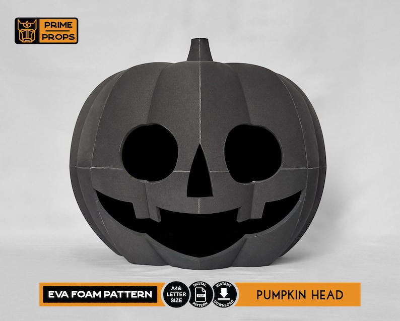 May include: A black EVA foam pumpkin head with a carved face, perfect for Halloween. The pumpkin has large eye holes and a wide, smiling mouth. The text "EVA FOAM PATTERN" and "PUMPKIN HEAD" are visible.