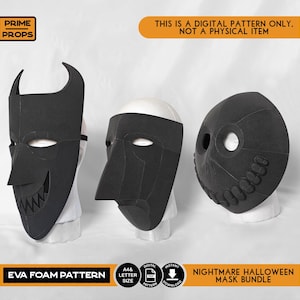 May include: A digital pattern bundle for three black EVA foam masks, including a horned mask, a long-nosed mask, and a round skull-like mask. Text reads: PRIME PROPS, THIS IS A DIGITAL PATTERN ONLY, NOT A PHYSICAL ITEM, EVA FOAM PATTERN, A4 & LETTER SIZE.