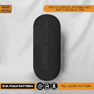 Puede incluir: Un patrón de espuma EVA negro con forma de píldora y líneas de cuadrícula visibles. La imagen incluye el texto PRIME PROPS, THIS IS A DIGITAL PATTERN ONLY, NOT A PHYSICAL ITEM, EVA FOAM PATTERN, A4 LETTER SIZE, DIGITAL PATTERN, INSTANT DOWNLOAD, PILL SHAPE PATTERN.