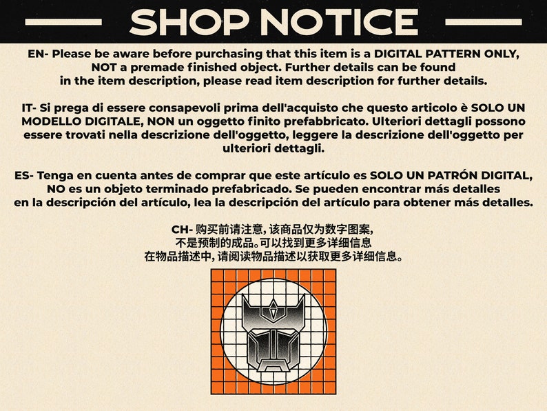 Puede incluir: Aviso de tienda en varios idiomas, incluidos ingl&eacute;s, italiano, espa&ntilde;ol y chino. El aviso indica que el art&iacute;culo es un patr&oacute;n digital &uacute;nicamente, no un producto terminado. Una ilustraci&oacute;n de un robot negro y gris se encuentra en la esquina inferior derecha.
