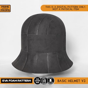 May include: A black helmet shape constructed from segmented panels. Text reads: PRIME PROPS, THIS IS A DIGITAL PATTERN ONLY. NOT A PHYSICAL ITEM, EVA FOAM PATTERN, A4 LETTER SIZE, DIGITAL PATTERN, INSTANT DOWNLOAD, BASIC HELMET V3.