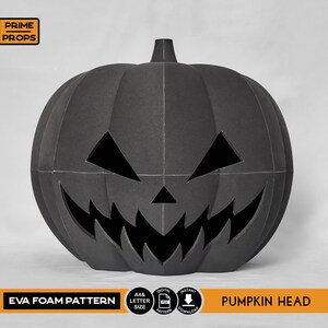 May include: A black EVA foam pumpkin head with a carved face, perfect for Halloween. The pumpkin has triangular eyes and a jagged mouth. The text "EVA FOAM PATTERN" and "PUMPKIN HEAD" are displayed on the image.