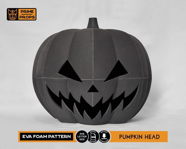 May include: A black EVA foam pumpkin head with a carved face, perfect for Halloween. The pumpkin has triangular eyes and a jagged mouth. The text "EVA FOAM PATTERN" and "PUMPKIN HEAD" are displayed on the image.