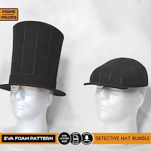 May include: A black top hat and a black detective hat displayed on white mannequin heads. The top hat is tall with vertical lines, and the detective hat has a small brim. The image includes text that reads "EVA FOAM PATTERN" and "DETECTIVE HAT BUNDLE."