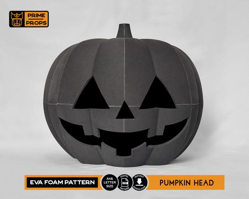 May include: A large, black EVA foam pumpkin head with a carved jack-o'-lantern face. The pumpkin has a stem and is set against a light gray background. Text on the image includes "EVA FOAM PATTERN" and "PUMPKIN HEAD".