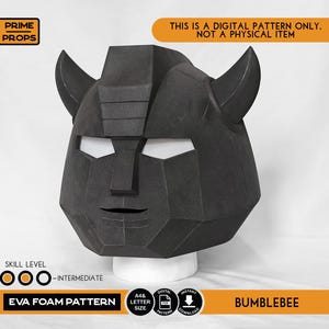 May include: A black EVA foam pattern for a Bumblebee helmet, with white eye openings and horn-like structures. The image includes text indicating it's a digital pattern, skill level, and A4/Letter size.