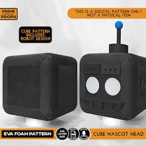 May include: Black EVA foam cube mascot head pattern with robot design. The head has a square shape with rounded corners, a smiling mouth, and two large white circular eyes. The text "THIS IS A DIGITAL PATTERN ONLY. NOT A PHYSICAL ITEM" is visible.