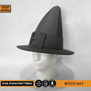 May include: A black witch hat with a wide brim and a buckle detail. The hat is made of a dark material and is displayed on a white mannequin head. The image includes the text "Witch Hat" and "EVA FOAM PATTERN".