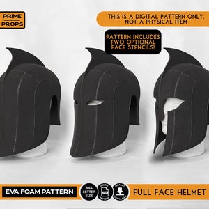 Puede incluir: Un patrón digital de espuma EVA para un casco integral, que muestra tres variantes de cascos negros con una cresta central. El texto incluye: THIS IS A DIGITAL PATTERN ONLY, NOT A PHYSICAL ITEM, PATTERN INCLUDES TWO OPTIONAL FACE STENCILS y EVA FOAM PATTERN.