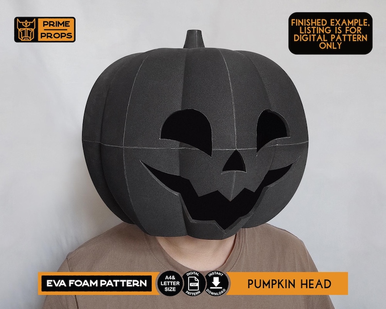 May include: A black EVA foam pumpkin head mask with carved eye and mouth openings. The mask is worn by a person. Text on the image includes "EVA FOAM PATTERN" and "PUMPKIN HEAD". The image also states "FINISHED EXAMPLE, LISTING IS FOR DIGITAL PATTERN ONLY".