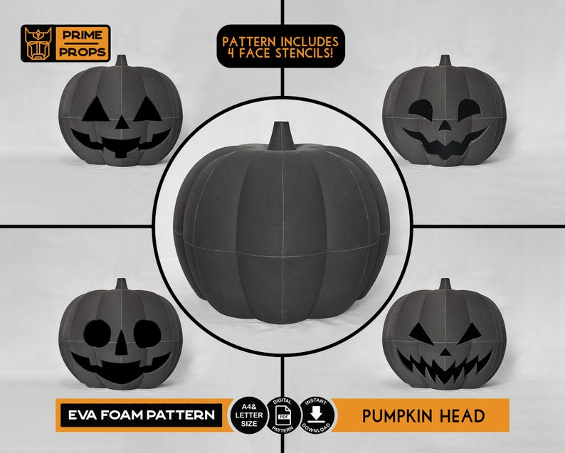 May include: A black EVA foam pumpkin head pattern with four face stencils. The image includes a large pumpkin and four smaller pumpkins with different carved faces. Text on the image says "EVA FOAM PATTERN" and "PUMPKIN HEAD".