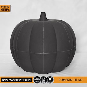 May include: A large, black pumpkin head prop made from EVA foam. The pumpkin has vertical ridges and a stem. The image includes the text "EVA FOAM PATTERN" and "PUMPKIN HEAD".