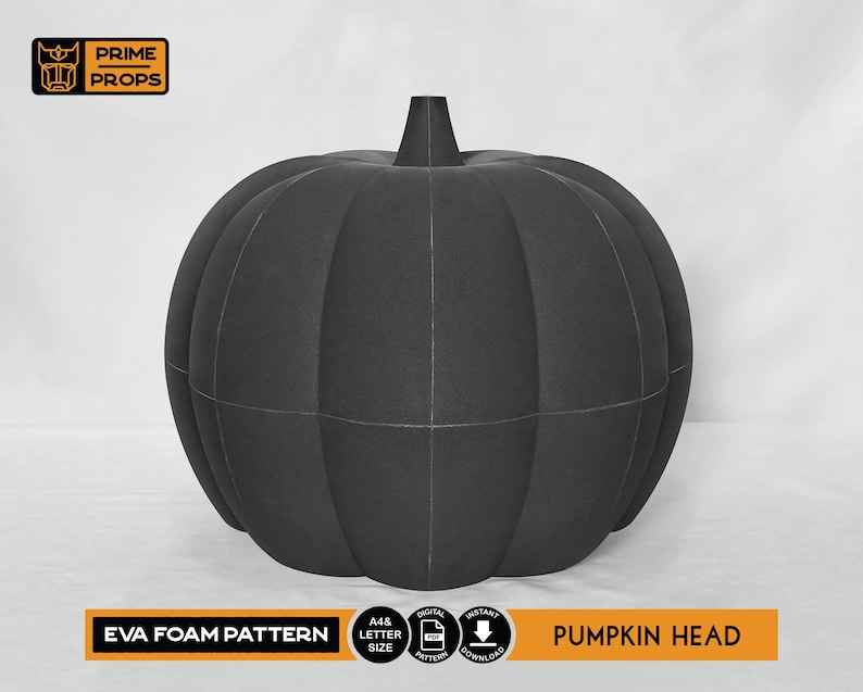 May include: A large, black pumpkin head prop made from EVA foam. The pumpkin has vertical ridges and a stem. The image includes the text "EVA FOAM PATTERN" and "PUMPKIN HEAD".