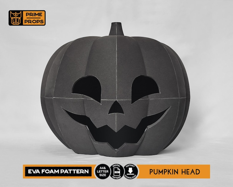 May include: A black EVA foam pumpkin head with a carved face. The pumpkin has large eye and mouth cutouts, and a stem at the top. The text "EVA FOAM PATTERN" and "PUMPKIN HEAD" are displayed on the bottom.