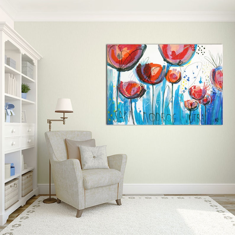 large print ideal as a gift for moving blue free shipping red and white gicl\u00e9e print of painting BLUE MORNING DREAM office birthdays