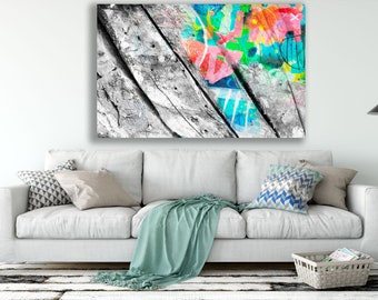 free shipping, LARGE ABSTRACT PRINT of painting, giclée with blue, yellow, green, "I love rhythm 1", arty home decor
