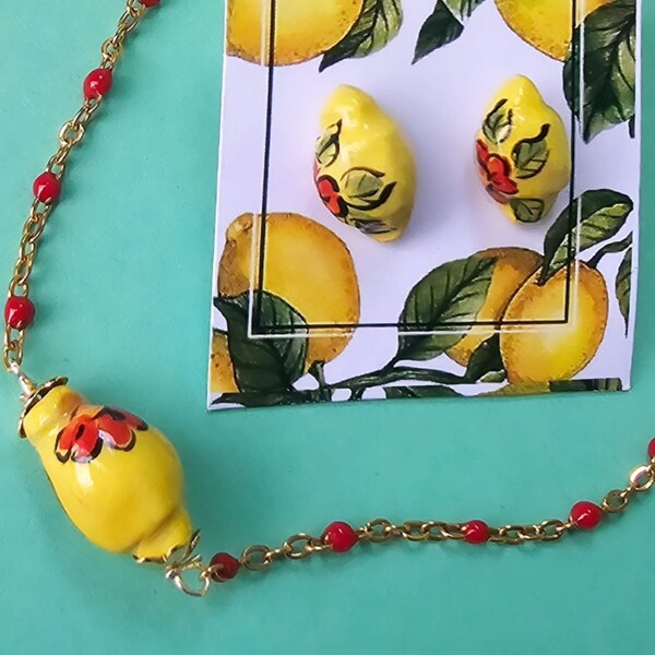 orecchini piccoli limone, orecchini minimali, orecchini limone ceramica, limone giallo, bracciale, regalo per il tuo amore, orecchini gialli