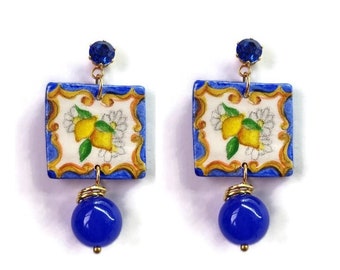 pendientes de mayólica, decoración patchwork, pendientes de limón, pendientes colgantes, pendientes amarillos, pendientes de cerámica, pendientes vietri, amalfi