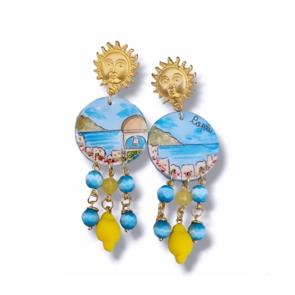 Capri earrings, landscape earrings, sun earrings, ceramic earrings, Caltagirone ceramics, Vietri ceramics