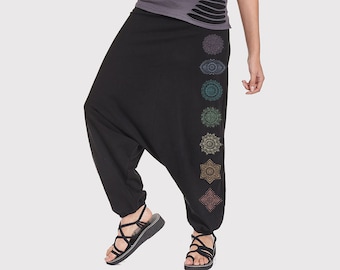 Chakras Harem Pants: Long Black Cotton Drop Crotch Pants