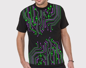 Camiseta masculina com placa de circuito neon: roupa psicodélica para festivais