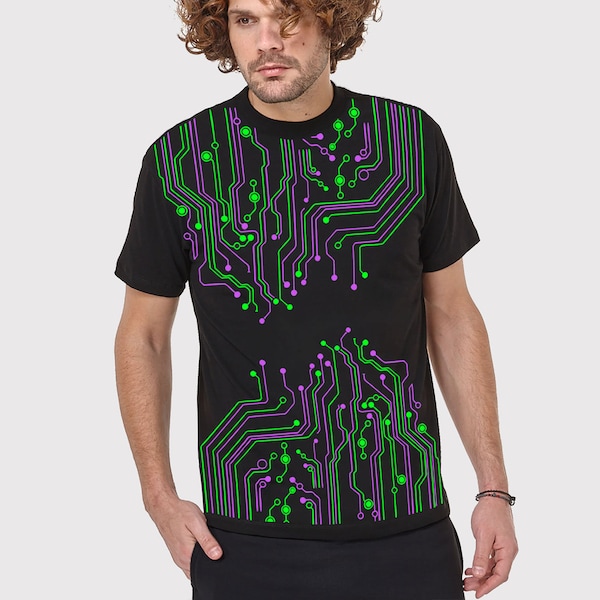 Men's Neon Circuit Board T-Shirt: Psychedelic Festival Wear