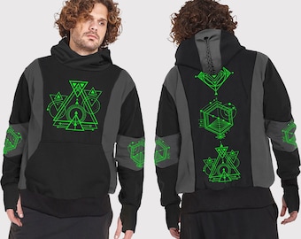 Mens Geometry Print Hoodie: Handmade Twisted Psychedelic Festival Wear