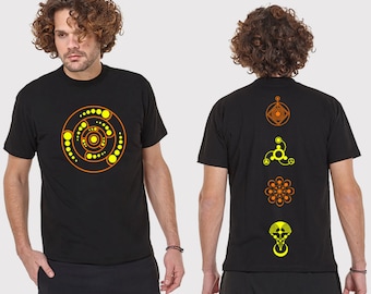 Camiseta masculina com estampa neon Torus: roupa psicodélica para festivais