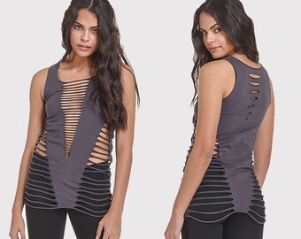 Handmade Sleeveless Cut shirt -psychedelic-Festival Wear-burning man-hippie- gothic-cyber-Fairy-goa-braided shirt-shredded shirt