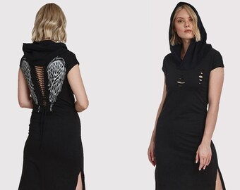 Maxikleid mit Kapuze: Angel Wing Print, geflochtener Rückenausschnitt