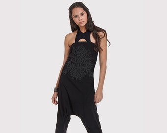 Baroque Print Women's Jumpsuit: Long Cotton Pants