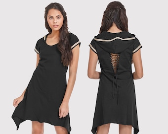 Hooded dress with border and  Cut-festival wear-Burning man-psy clothing-psychedelic clothing-Psy clothing