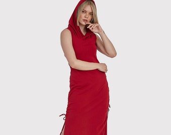 Cotton Scrunch Up Dress: Sleeveless Hooded Boho Festival Clothing