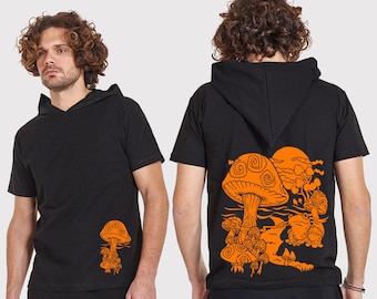 Herren Elfen Kapuzen-T-Shirt: Mushroom Land Vinyl Print, Psychedelic Festival Wear