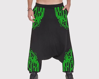 Neon Vinyl Print Harem Pants: Cotton Urban Casual Pants