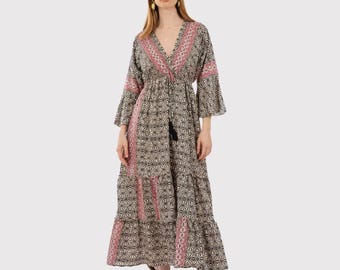 Platinum Flower of Life Dress: Boho Kimono Style Cotton Maxi