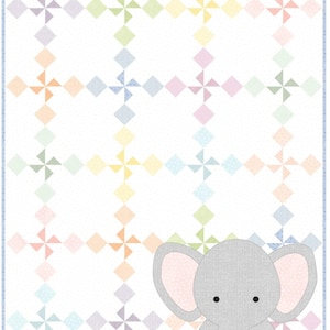 May include: A pastel-colored baby quilt with a geometric pattern of diamonds and pinwheels. The quilt features a light blue border and a gray elephant graphic in the lower right corner. The elephant has large ears with pink inner ears and small black eyes.