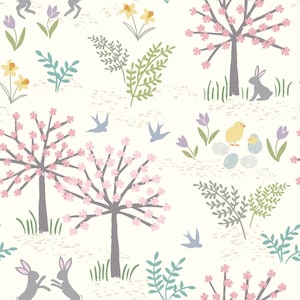 Lewis & Irene Salisbury Spring in White (A205.1) ~ 100% Cotton Fabric ~ Easter Bunny Rabbit Chick Eggs Woodland Animal Floral Tree Flowers